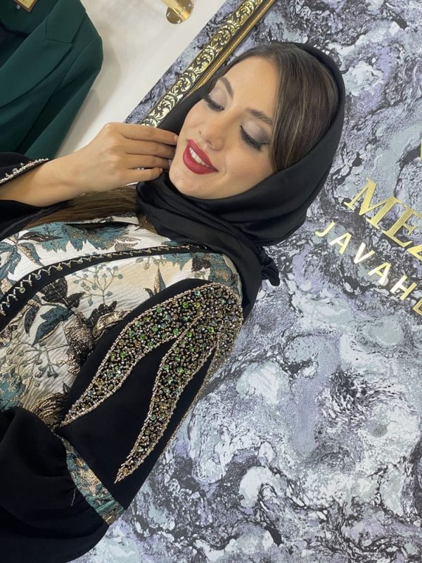 مانتو مجلسی ژاکارد جواهر دوزی مدل رز سبز