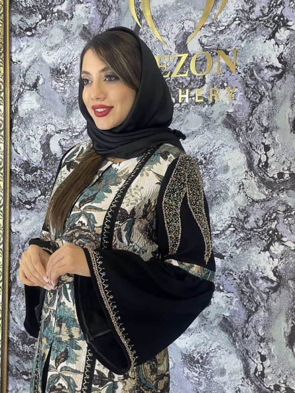 مانتو مجلسی ژاکارد جواهر دوزی مدل رز سبز
