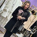 کت و شلوارکرپ جواهر دوزی مدل گل پولکی صورتی